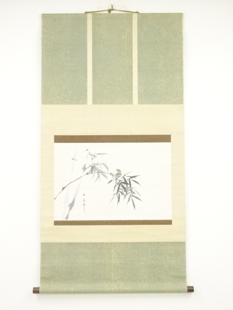 JAPANESE HANGING SCROLL / HAND PAINTED / BAMBOO WITH SPARROW